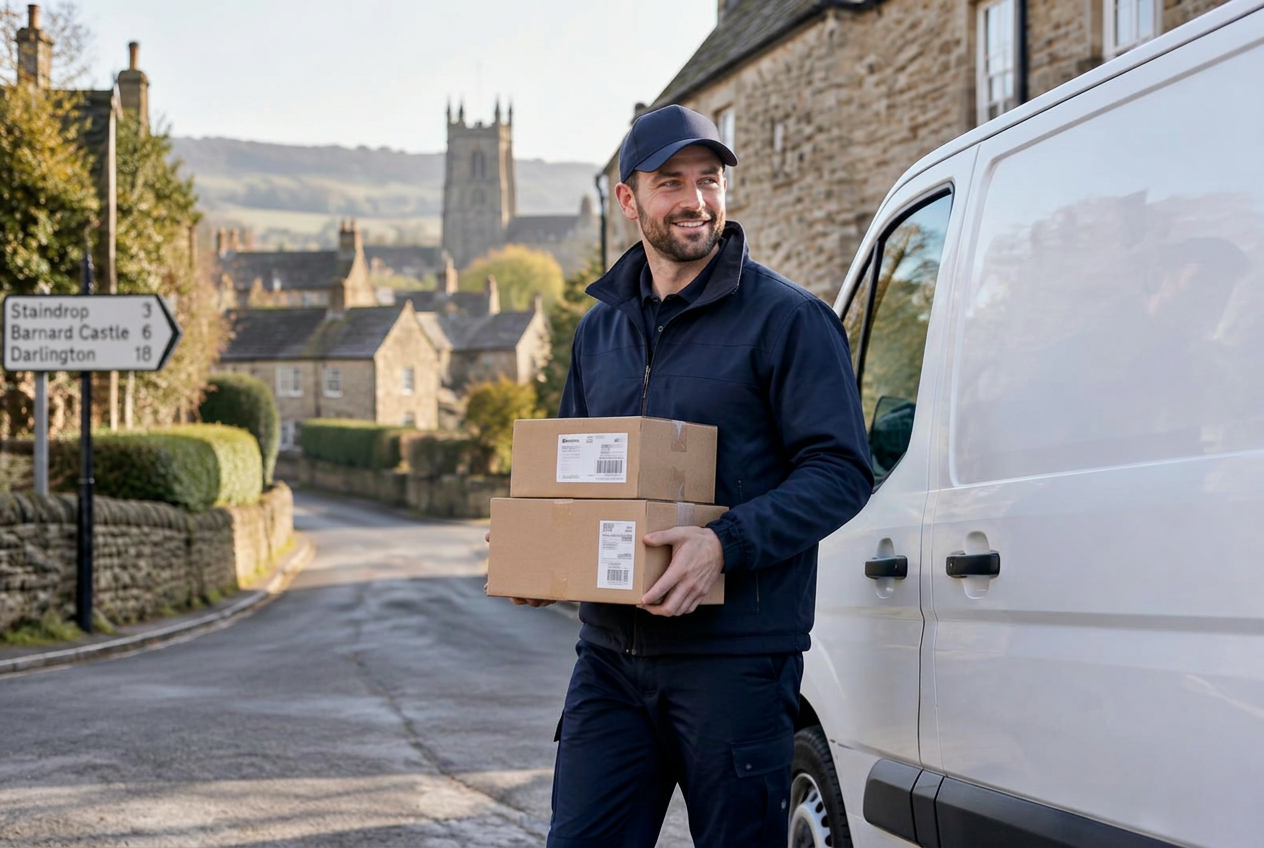 Hudson courier carrying parcels beside a delivery van